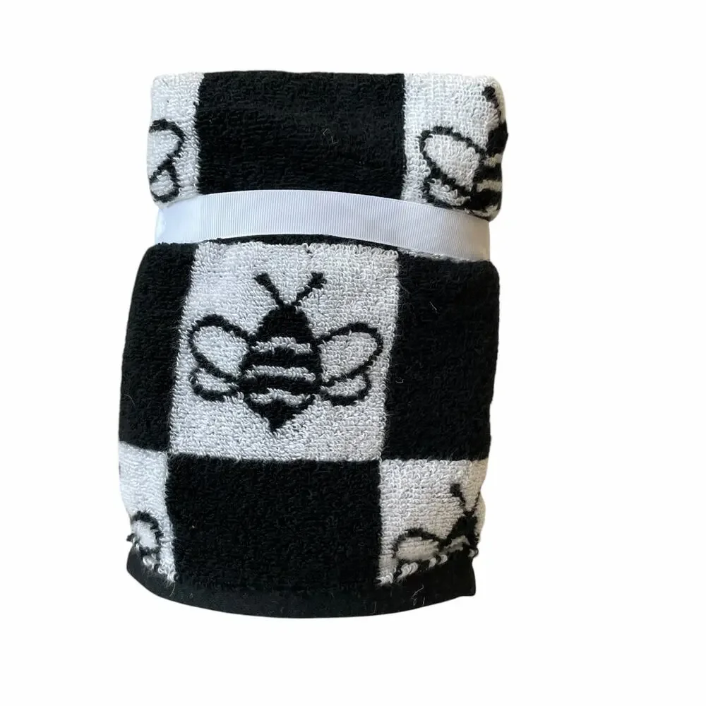 Chic Black & White Checkered BEE Hand Towel Set of 2 100% Cotton